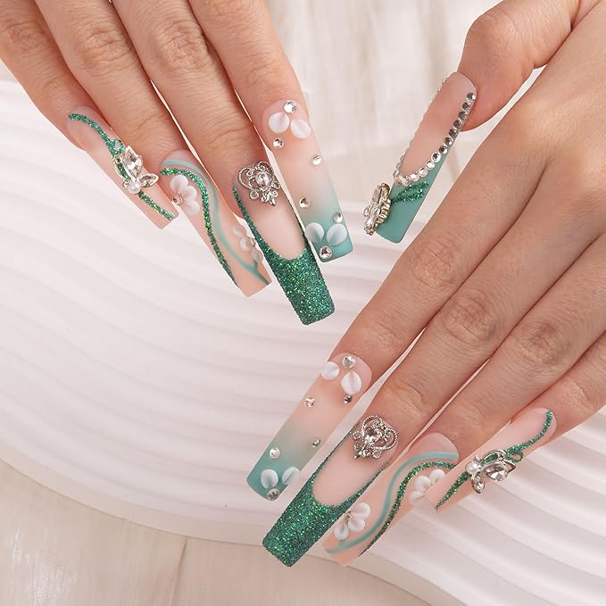 LOVFUL Press on Nails Emerald Vine| Handmade with Full Covered Crystals| Reusable Fake Nails| Square Mid length 1.7in| H244-S
