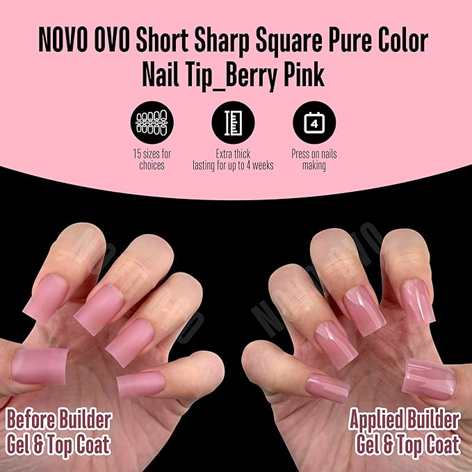 NOVO OVO Short Sharp Square Nail Tips Press on Pure Color BERRY PINK, Need Builder Gel Top Coat Nail Glue, Soft Gel Matte Fake Nail Extension, Full Cover False Nails for Salon DIY x 15 Sizes 240 pcs