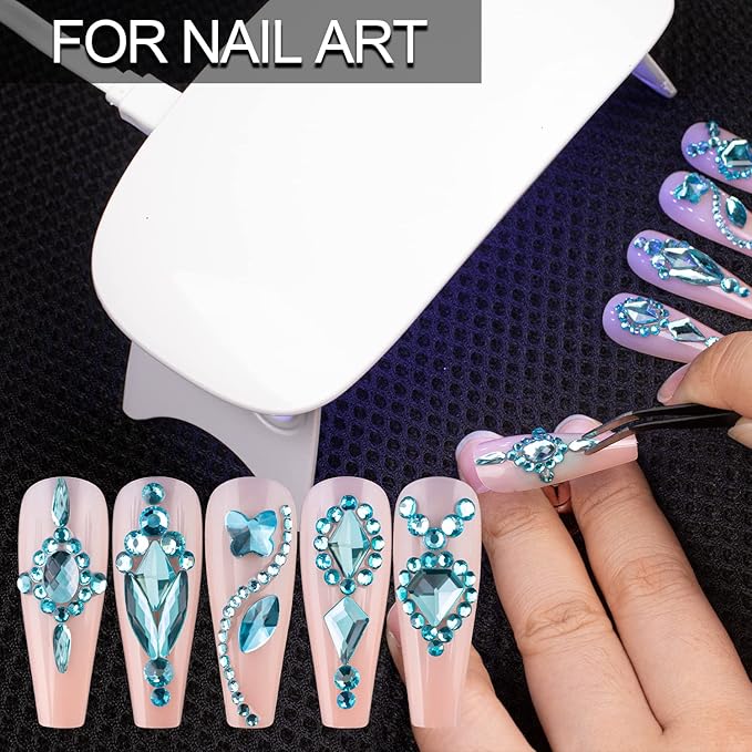 18 Styles Multi-Shaped Glass Gemstones for Nails and 6 Sizes Round Crystal Rhinestones Kit #8, Lake Blue Nail Art Charm Bead Manicure Decoration with Pickup Pencil and Tweezer