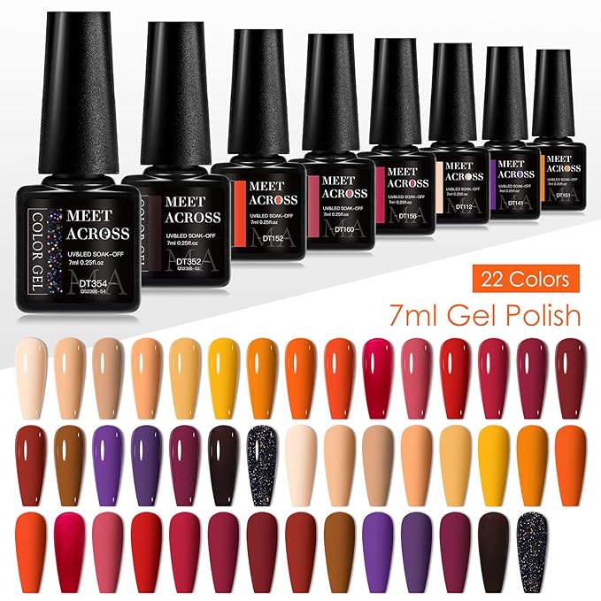 MEET ACROSS Fall Winter Series Gel Polish Set 22 Colors Gel Nail Polish Kit Orange Burgundy Red Purple for Nail Art Manicure Kit for Women 30Pcs