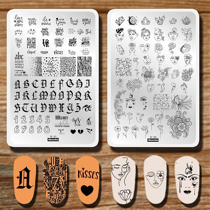 2Pcs Abstract Face Nail Stamping Plates Old English Alphabet Cute Numbers Pictures Nail Art Plate Flower Letter Stainless Steel Design Stamp Template for Printing Stencil Tools