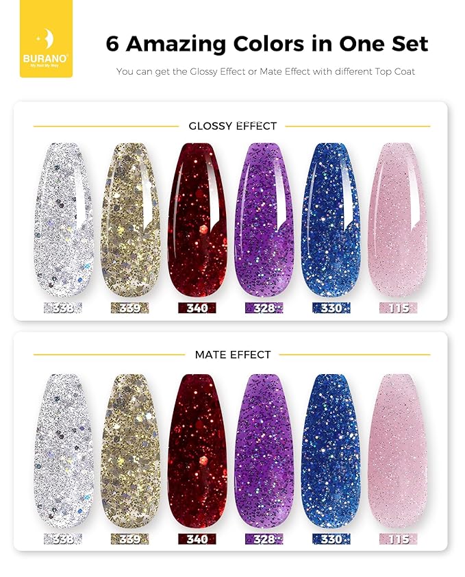 BURANO Poly Extension Gel Nail Kit, 6 Colors Nail Poly Nails Builder Gel Set for Beginner & Professional Using, DIY Starter Kit Nail Art Gift (Glittery)