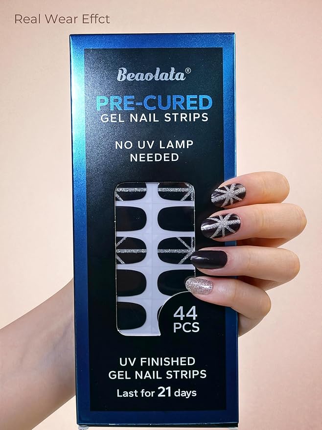 Pre Cured Gel Nail Strips - 44PCS Salon Quality Gel Nail Stickers - Long Lasting Polish Wraps for Women no UV Light Needed Easy Apply & Remove (Sultry Black