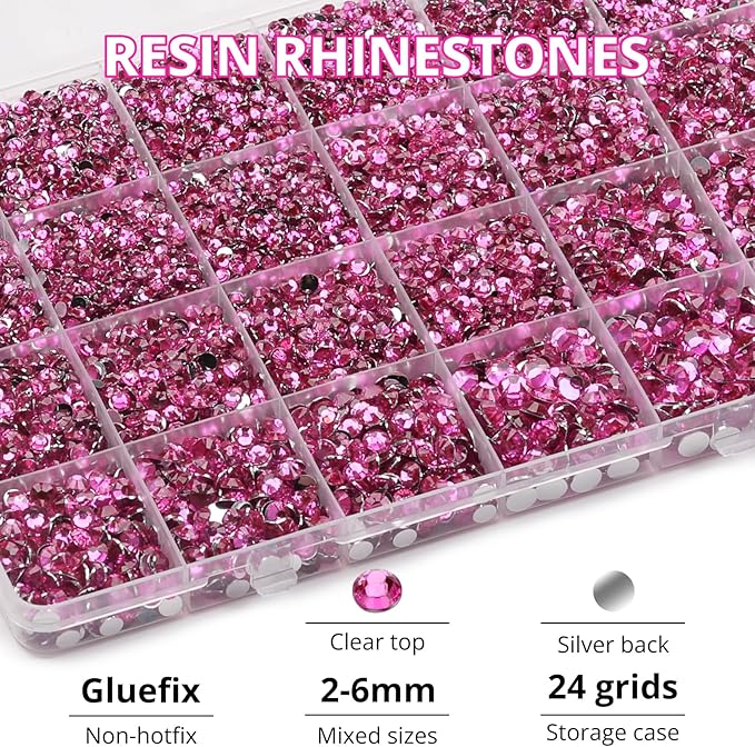 31000Pcs Fuchsia Resin Rhinestones for Bedazzling, Mixed Sizes 2-6mm Dark Pink Magenta Flatback Rhinestones Gems Jewels Crystals with B7000 Glue for Crafts Crafting Clothes