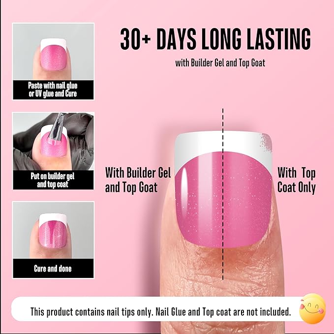 NOVO OVO Extra Short White French Tip Nail Tips, XS XXS Square Round ROSE PINK, for Wide & Short Nail Beds, Thick Full Cover Press on for Women Men, Soft Gel Acrylic Extension kit, 16 Sizes x 224pcs