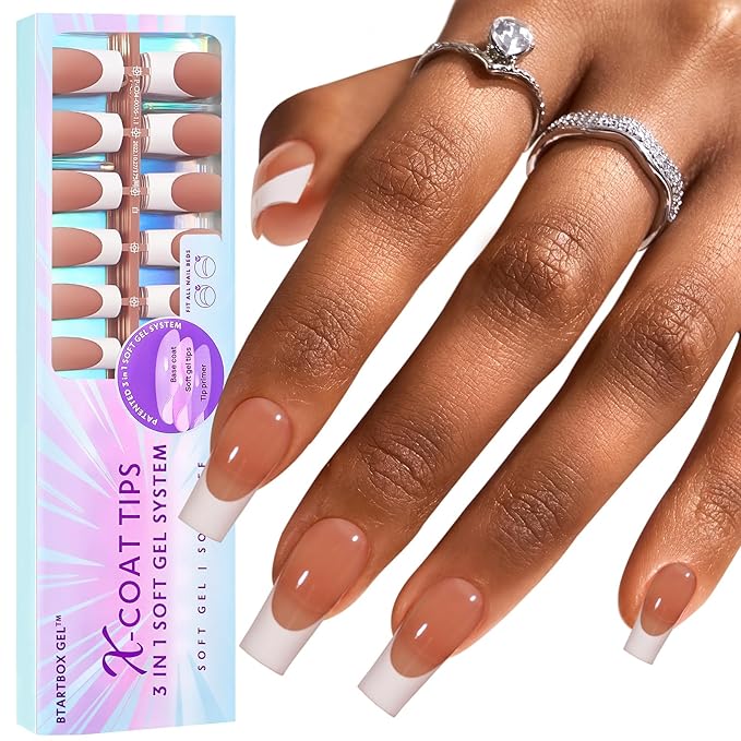 BTArtboxnails XCOATTIPS French Tip Nails, 150pcs Long Square Brown Press on Nails, Gel Nails for DIY Nail Art