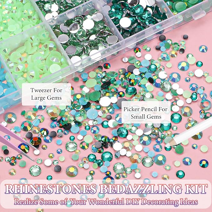 22300Pcs Flatback Green Rhinestones for Bedazzling, 3mm-6mm Jelly Bedazzling Resin Gems, Green Gems AB Bedazzling Kit for Crafting Nails Face Makeup Crafts Tumblers
