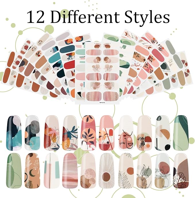 168 Pcs 12 Sheets Full Wraps Nail Polish Stickers Flower Print Self-Adhesive Nail Decal Strips with File Manicure Kits Colorful Flower Full Cover Decal Strips for Women DIY Decoration(Simple Style)