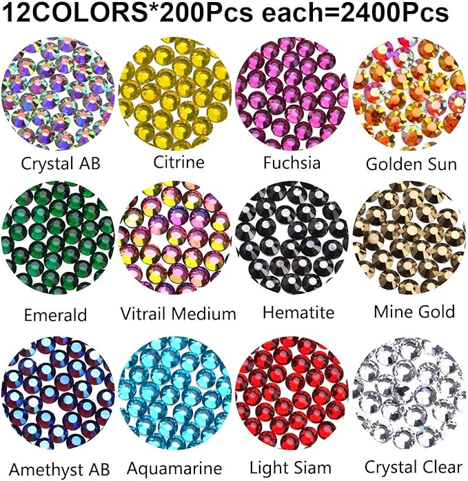 2400Pcs Hotfix Rhinestones Round Shape Flatback Crystal Glass Flatback Nail Art (12 Mixed Colors, 4mm SS16)