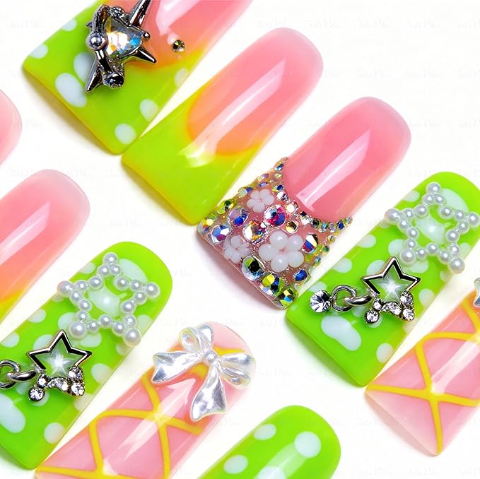 10 Pieces Luxury Acrylic Press On Nails Long Handmade Duck Nails, Green Thickened False French Nails, With 3D Bowknot And Stars, Reusable Fake Nails, Acrylic Nails (M)