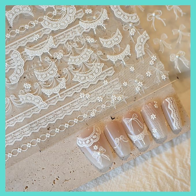White Bow Lace Nail Art Stickers 5D Embossed Pearl Nail Decals for Nail Art Design Self-Adhesive Nail Accessories for Women Nail Art Supplies 3 Sheets