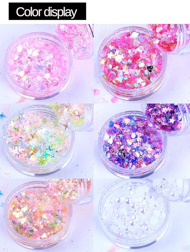 Nail Flat Diamond Sequins Stars Moon Heart Shaped Mixed Glitter Super Bright Colorful Eye Makeup High Bottle 12PCS