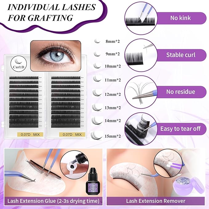 Eyelash Extension Kit for Beginners, Professional Lash Extension Supplies Set with Mannequin Head Lash Fan Extension Glue Eyelash Remover Tweezers, Practice Lash Training Tool for Eyelash Extensions