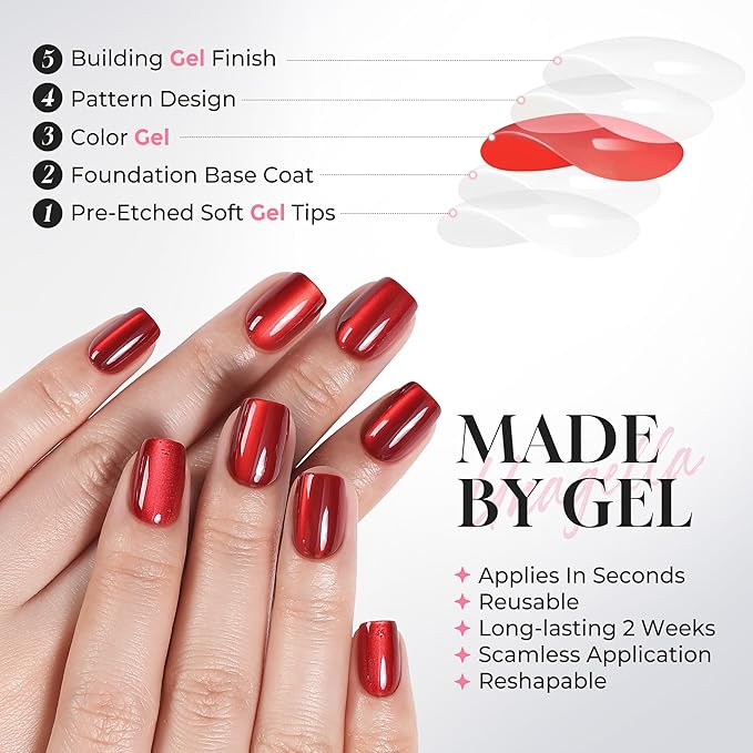 UNA GELLA 32Pcs Soft Gel Press on Nails - 16 Sizes Red Cat Eye Short Square Glue on Nails, Reusable Glitter Velvet Red False Nails, Full Cover Acrylic Nail Kit for Women DIY Home Manicure