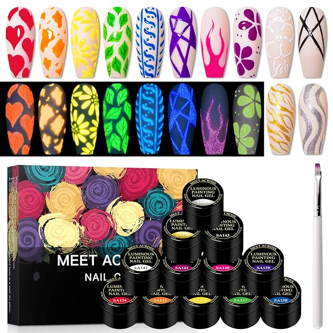 Glow in the Dark Paint for Nail Art Kit, 12 Colors Neon Luminous Polish, Fluorescent Bright Colors Yellow Green Blue Orange Soak off UV Gel With Glow Effect