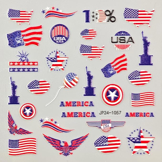 4th of July Nail Art Stickers Set 5D Embossed Red Blue USA Flag Nail Decals 4PCS Five-Pointed Star America UK Flags Design Independence Day Nail Adhesive Stickers for DIY Nail Art Decorations