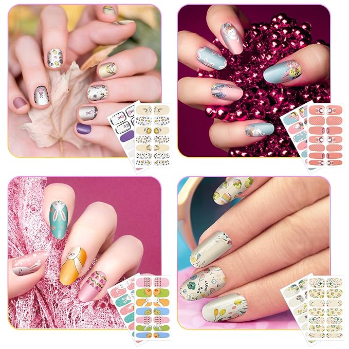 168 Pieces 12 Sheets Easter Nail Wraps Full Art Polish Stickers Spring Easter Self Adhesive Art Decals Strips Eggs Rabbits Chick Sticker with Nail File for Women Girls DIY Manicure