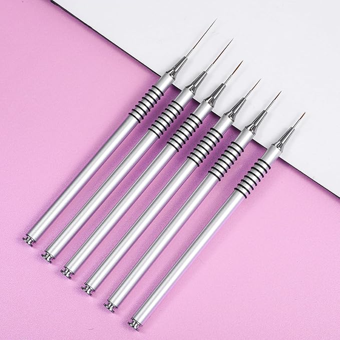 Metallic Nail Art Brushes 6 Pcs Non Slip Liner Brushes Set UV Gel Polish Painting Art Design Pen Silver Color Nail Tools for Long Lines Thin Details Fine Drawing Sizes 5/7/9/11/20/25mm (Silver)
