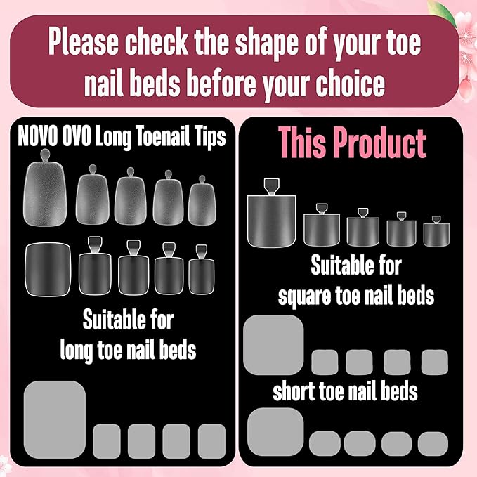 NOVO OVO Sharp Square Toe Nail Tips Press on Full cover, Soft Gel False Toenail Extension Kit, Clear Double Matte Long/Medium Wide Fake Toenails for Salon DIY Acrylic Pedicure x 15 Sizes 360 Pcs