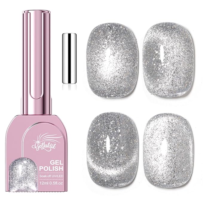 Silver Cat Eye Gel Nail Polish with Magnetic Stick - 12ML Glitter Magnetic Nail Polish for Multiple 3D Effects, Soak Off UV LED Gel Polish for DIY Manicure Salon Gifts for Women