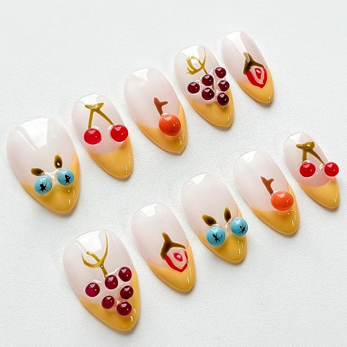 Luxury Press on Nails Short Almond Handmade 3D Unique Reusable ABS Material Fake Nails Yellow French Tip Purple False Nails with Designs Fruit Cherry Grape Glossy Glue on Nail Thick Acrylic Nail(S)