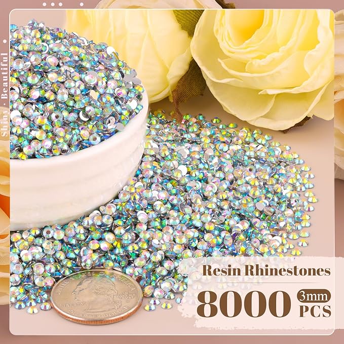 8000PCS 3mm Resin Rhinestones Bulk for Crafting (AB), Flatback Bedazzling Crystals for Crafts DIY Nail Decoration, Gems Charms for Tumbler Shoes Clothing Fabric with Pickup Pen and Tweezers
