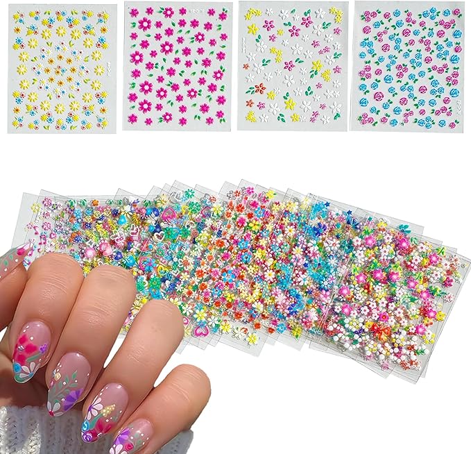 30 Sheets Flower Nail Art Sticker 3D Self-Adhesive Nail Art Supplies Colorful Flowers Rose Daisy Cherry Blossoms Nail Decals Pink Floral Nail Design for Women Acrylic Nails Decoration
