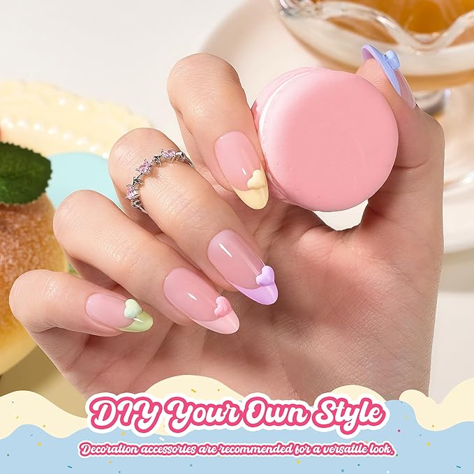 Beetles French Tips Press On Nails, Pastel Spring Nails Medium Almond 6 Colors 192 Pcs, Spring Fake Nail Tips, Pink Blue Green Soft Gel Nails False Nails Art DIY For Women