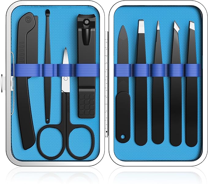 Yougai Tweezers Set for Men/Women, 9PCS Professional Stainless Steel Tweezer Kit with Leather Travel Case