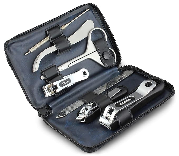 Seki Edge Adonis Grooming Kit (G-3022) Mens Grooming Kit - 7 Piece Manicure & Pedicure Nail Kit with Nail Clippers, Nail Nippers, Nose Scissors, Nail File, & Tweezers in Travel Case