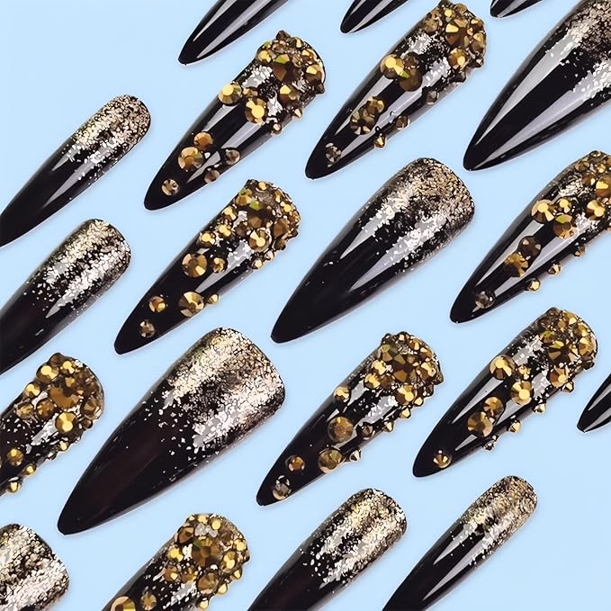 Long Black Press on Nails Almond Tip False Nails with Gold Glitter Fake Nails for Women