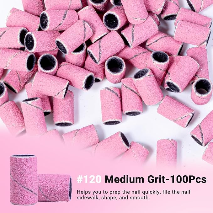 MelodySusie 100 Pcs Nail Drill Bits Sanding Bands for Nail Drill 120 Medium Grit Nail File Sanding Bands for Acrylic Nails Gel Manicures and Pedicure,Light Pink