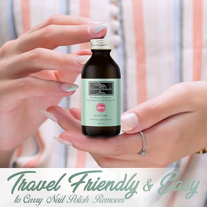 Karma Organic Nail Polish Remover with Soybean Oil and Tea Tree Oil- Non Toxic, Vegan, Cruelty Free, Acetone Free – Nails Strengthener for Fingernails – 4 fl. Oz.