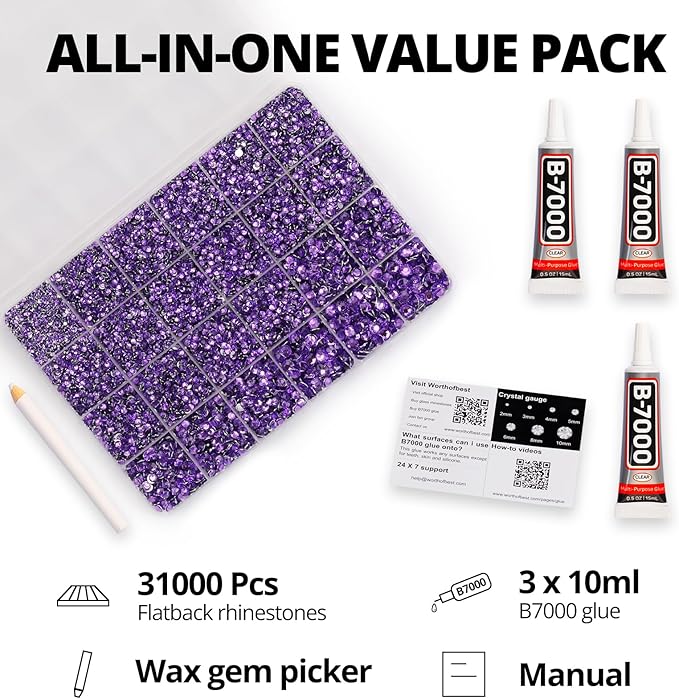 31000Pcs Lavender Resin Rhinestones for Bedazzling, 2-6mm Mixed Sizes Flatback Gems Crystal Jewels Diamonds Gemstones Stones with B7000 Glue for Crafting Clothes Crafts