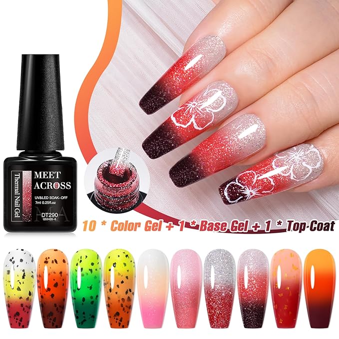 MEET ACROSS 12pcs Glitter Color Changing Gel Nail Polish Set, Thermal Nail Gel Polish Kit, Temperature Color Changing Gel Polish Semi Permanent Soak Off UV Gel for Home Salon