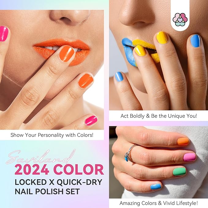 SAVILAND Quick Dry Nail Polish Set: 14 Pcs Neon Summer Nail Polish Fast Dry Hot Pink Red Glitter Nail Polish Regular Fingernail Polish Non Gel with Base-Top Polish for Manicure Nail Art