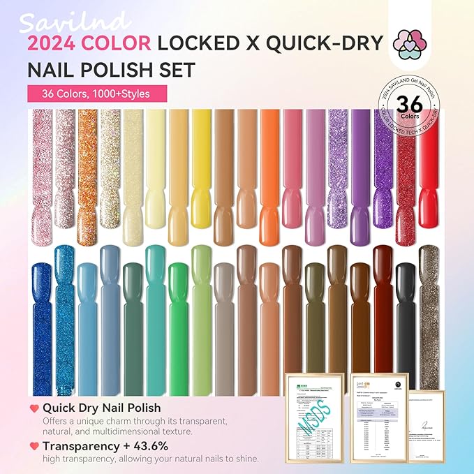 SAVILAND 36 Colors Nail Polish Set Quick Dry: Brown Black Glitter Locked X Tech Regular Nail Polish Kit Fingernail Polish with Top Base Polish Coat 39 Pcs Winter Gift for Christmas