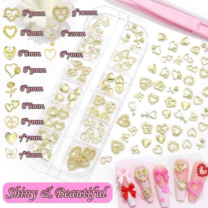 BELICEY Valentines Red Pink Hearts Nail Charms Gold Metal Heart Nails Art Charm Resin Bow Flower Flatback Nail Rhinestone and Gems Nails Jewels DIY Manicure Jewelry for Women Accessories Supplies