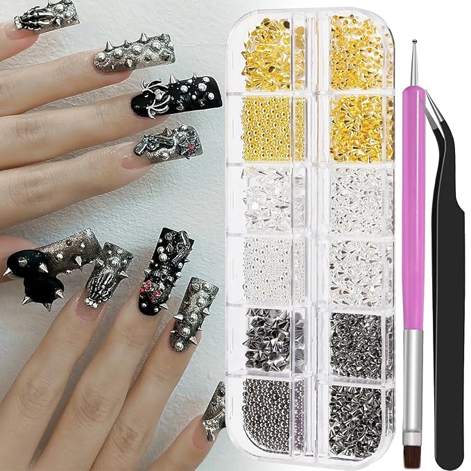 3D Mini Small Metal Stainless Steel Caviar Nail Beads Balls, 0.8-3mm Gold Silver Alloy Nail Art Chain Charms Studs with Tweezers and Dual-end Brush (17-K1-punk-metal)