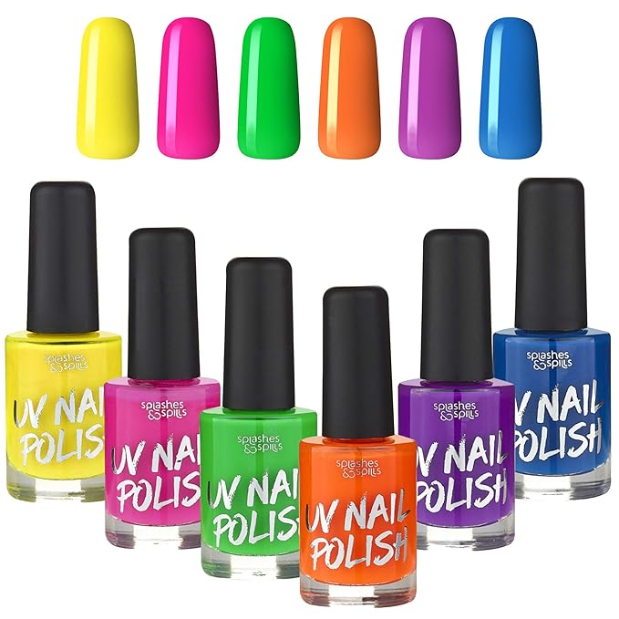 splashes & spills UV Blacklight Glow Nail Polish - 6 Color Variety Pack, 13ml – Day or Night Stage, Clubbing or Costume Makeup