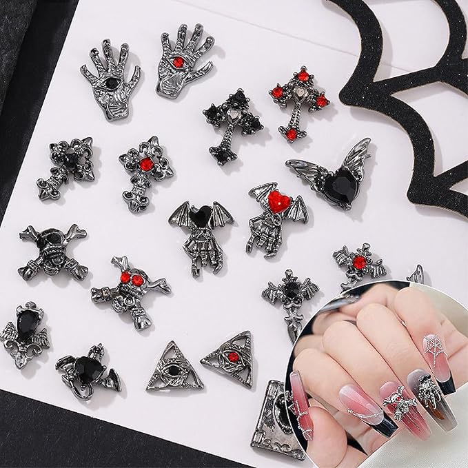 Halloween Nail Charms,60pcs Skeleton Skull Hand Cross Nail Gems with Rhinestones,Retro Gothic Metal Alloy Nail Art Jewelry Decoration for DIY Halloween Nail Design Crafts