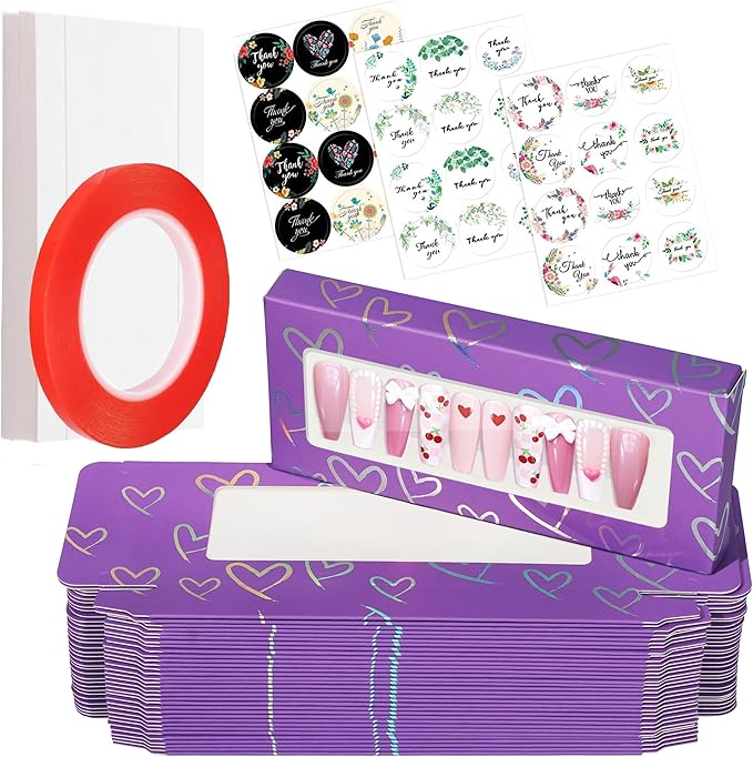 74PCS Press on Nails Packaging Box Set Includes 35PCS Empty Nail Package Box 35PCS White Background Paper 1 Double Sided Tape and 3 Thank You Stickers for Press on Nail Business