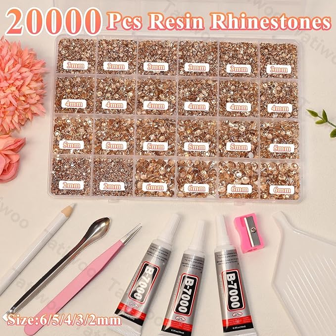 20000Pcs Champagne Flatback Jelly Resin Rhinestones for Bedazzling, Mix Sizes Crystal Rhinestones Gems, Champagne Gems Bedazzling for Crafting for DIY Face Makeup Crafts Tumblers