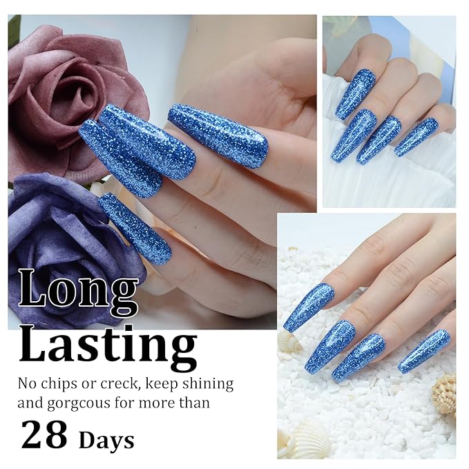 Nail Dip Powder Glitter Blue Color, No Lamp Curing, French Powder Pro Collection System Nail Art Starter Manicure Salon DIY at Home, Odor-Free & Long-Lasting, 1 Oz