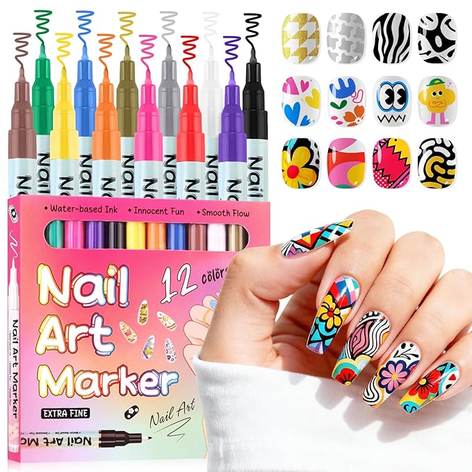 Kalolary 12 Color 3D Nail Art Pens Set, 0.5MM Fine Tip Nail Polish Pens Acrylic Paint Pen Nail Art Markers Quick-Drying Nail Art Tools for Dotting Drawing Painting DIY Nail Art Beauty Manicure(C)