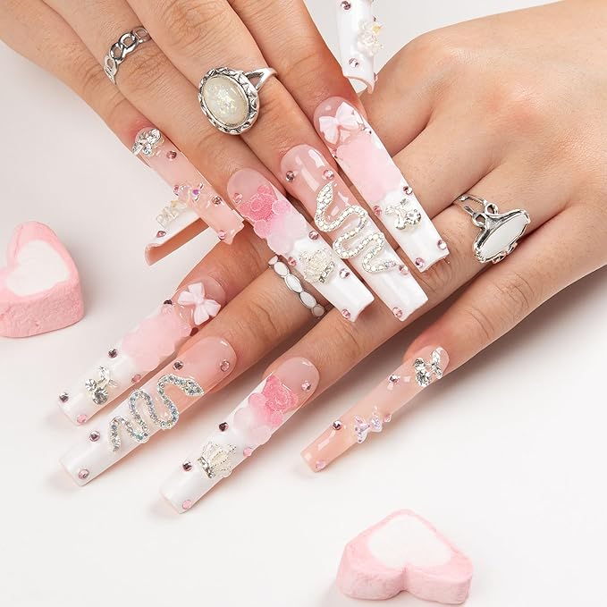 LOVFUL Press on Nails Marshmallo Gummy Bear Square | Luxury Diamond Pink Cotton Candy Nails| Pink Nails | Square Long 2.2 in | H26 (L)