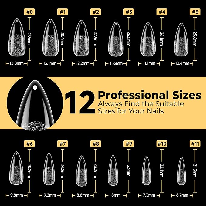 UNA GELLA Medium Stiletto Gel Nail Tips 600Pcs, Medium Stiletto Press on Nails Almond Shape Pre Etched Full Cover Soft Gel Nails Tips for Nail Extensions DIY Art Salon 12 Sizes at Home