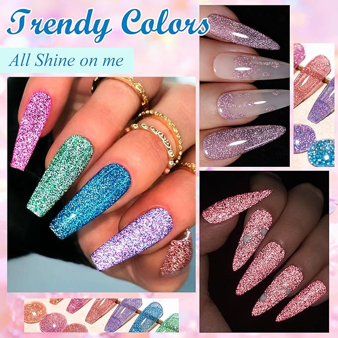 Reflective Glitter Gel Polish Set, 12 Colors Silver Pink Sparkly Glitter Shimmery Gel Polish Shiny Disco Soak Off Gel Nail Polish Nail Art Manicure Salon DIY at Home Gifts for Women Girls