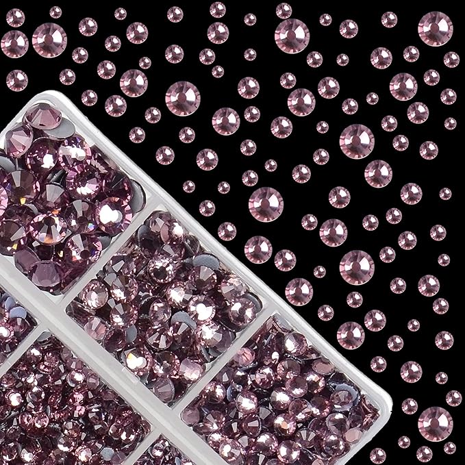 4000Pcs Mixed Size Hot Fix Round Crystals Gems Glass Stones Hotfix Flat Back Rhinestones (Light Amethyst)