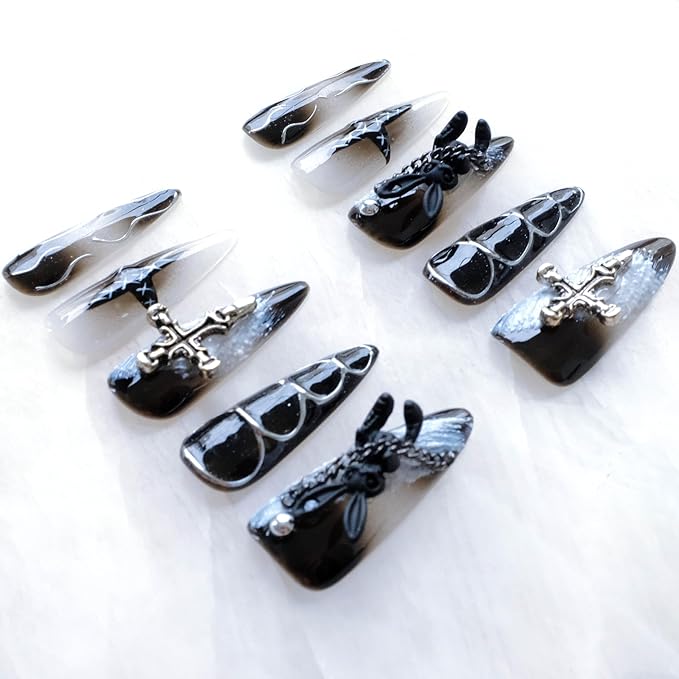 Gothic Press-On Nails, Long Stiletto Shape, Black with 3D Bunny and Cross Design, Handmade False Nail 10 Pieces (Small, LS)
